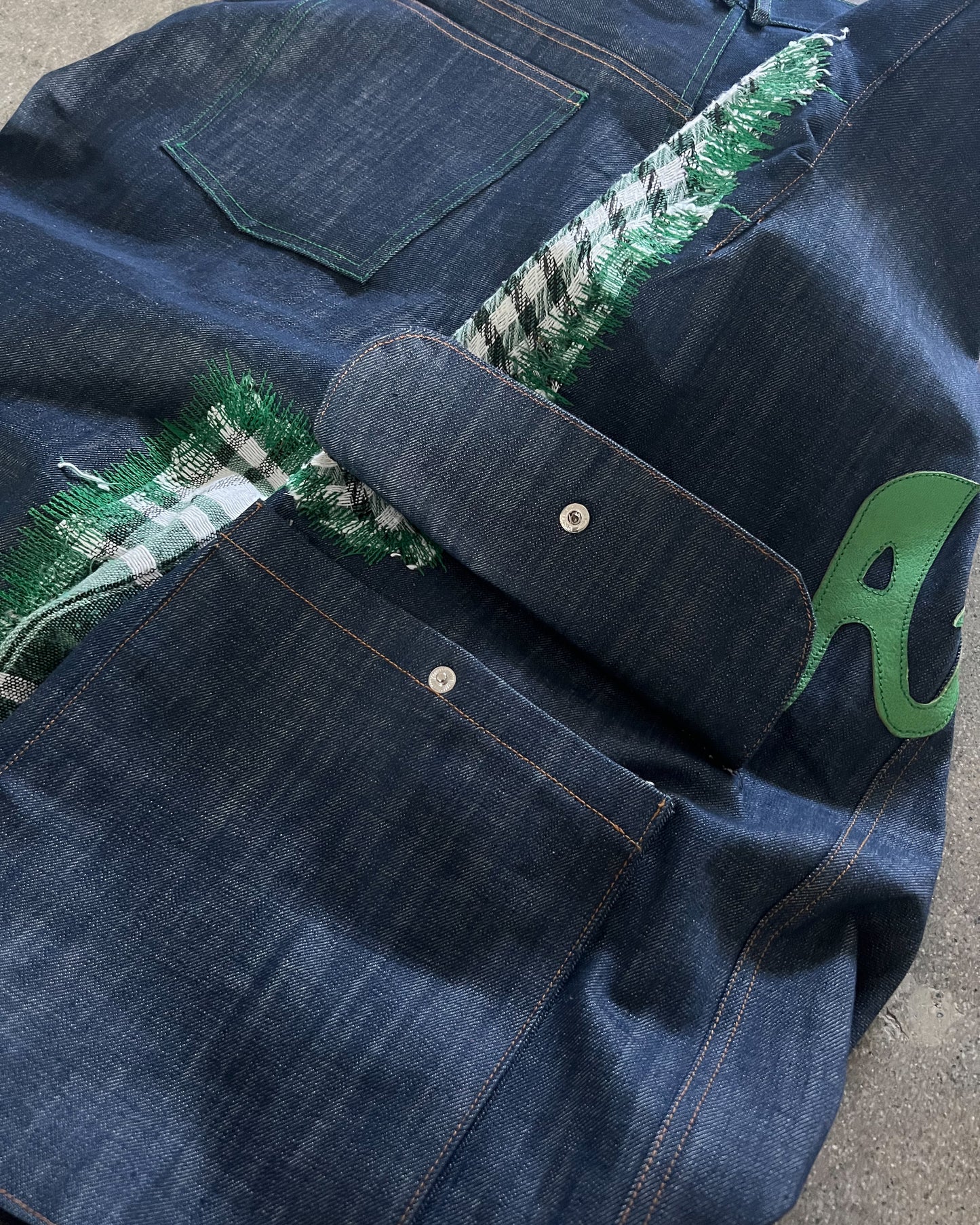 Size 34" Blue Denim Cargos W/ Green Leather