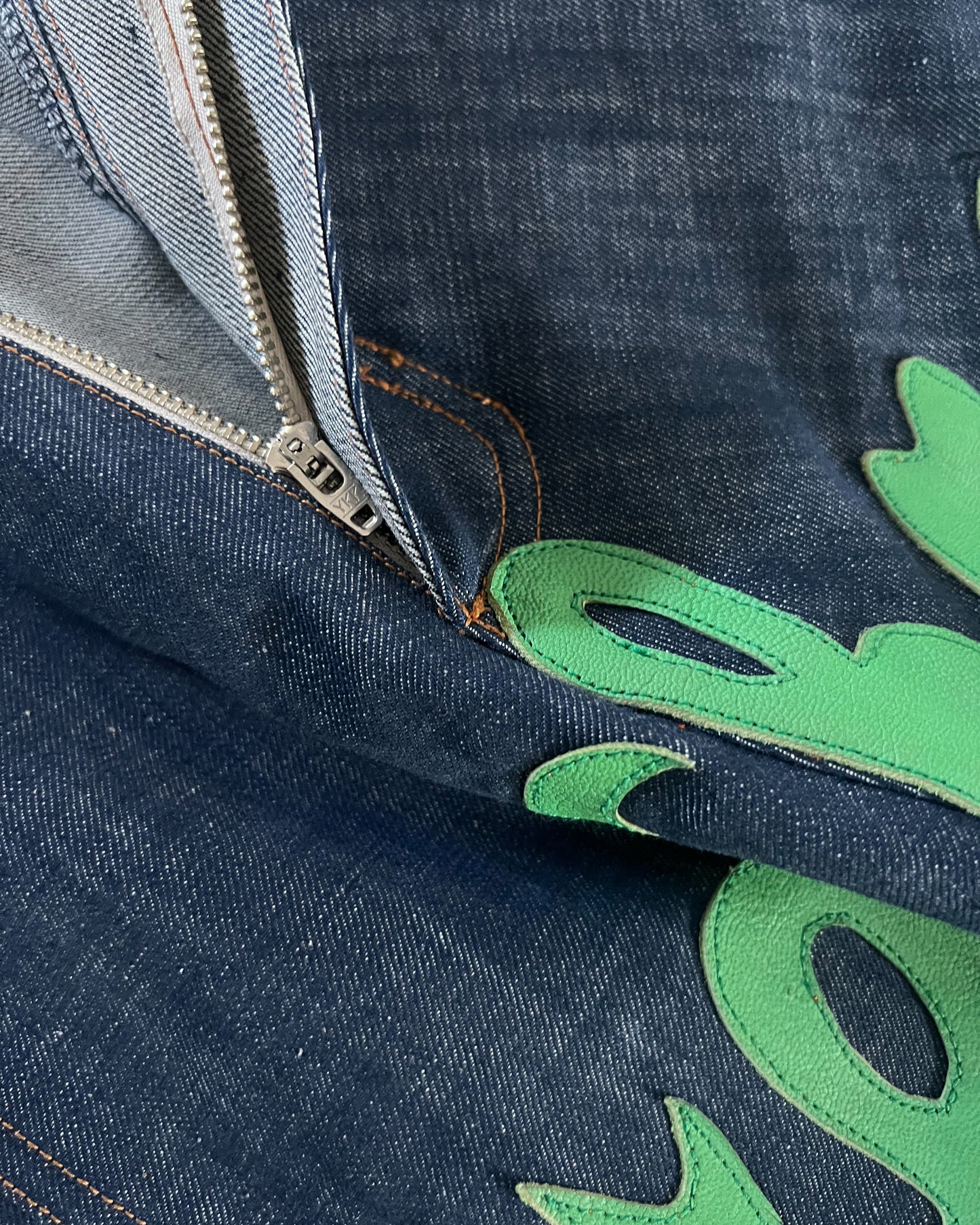 Size 34" Blue Denim Cargos W/ Green Leather