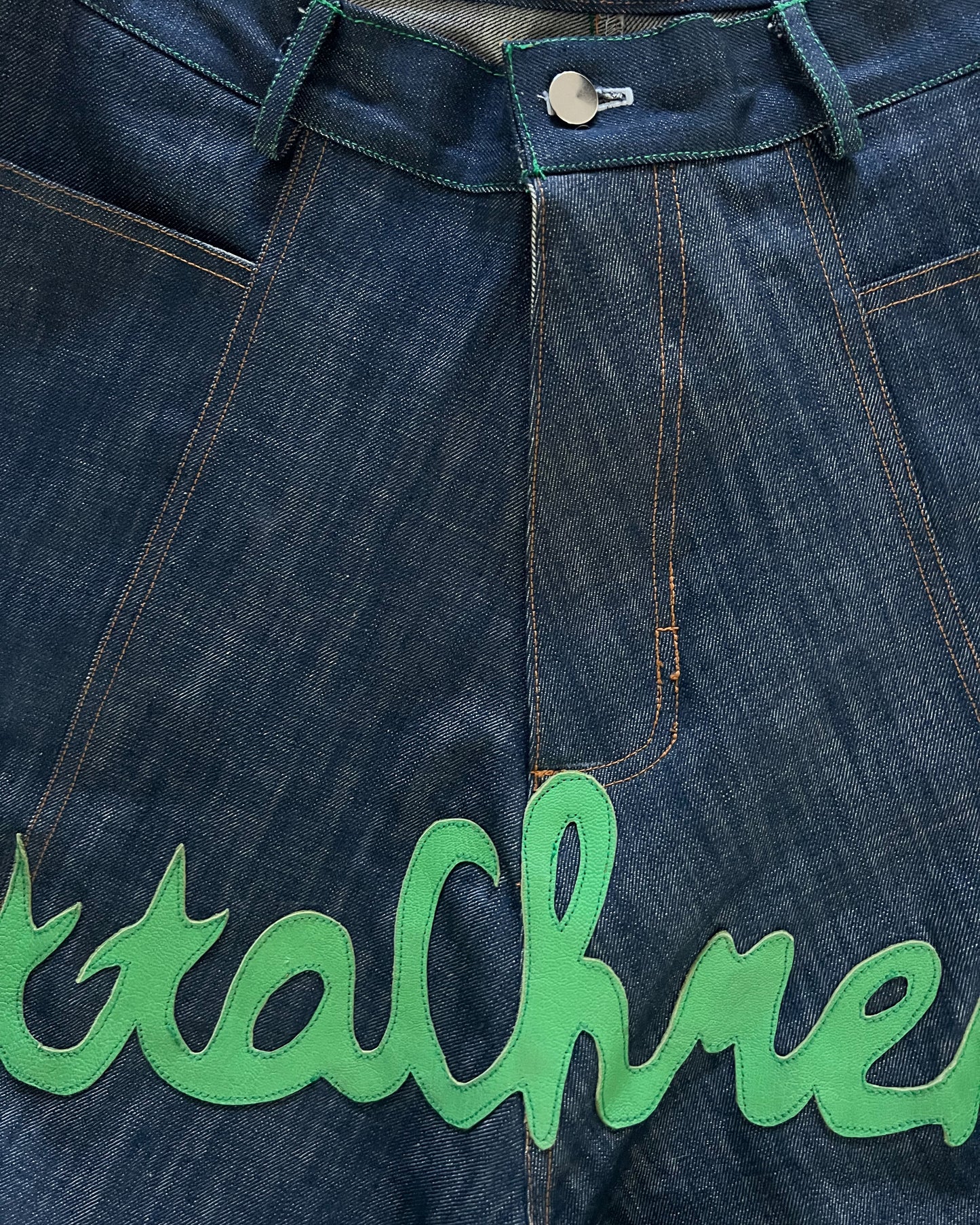 Size 34" Blue Denim Cargos W/ Green Leather
