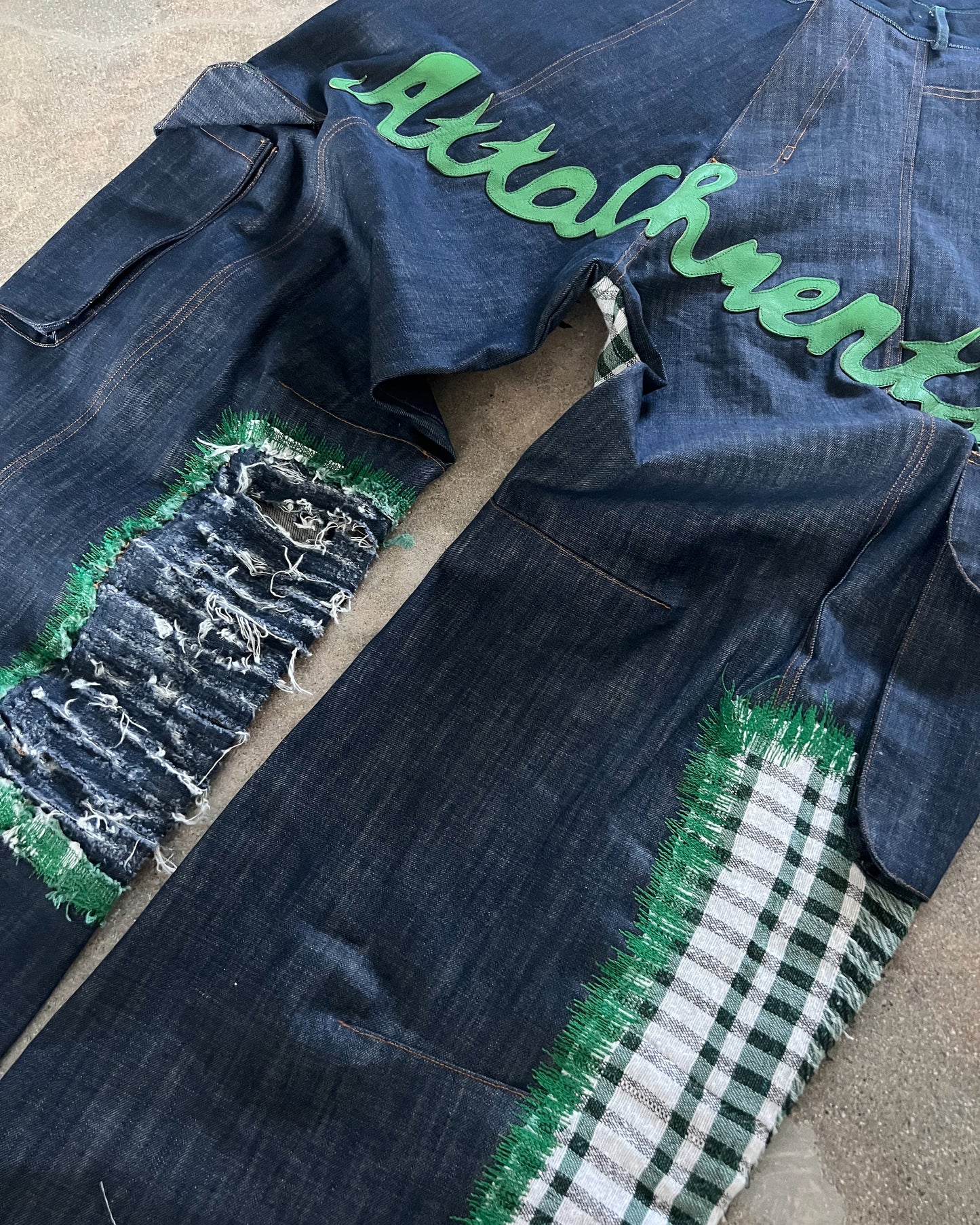 Size 34" Blue Denim Cargos W/ Green Leather