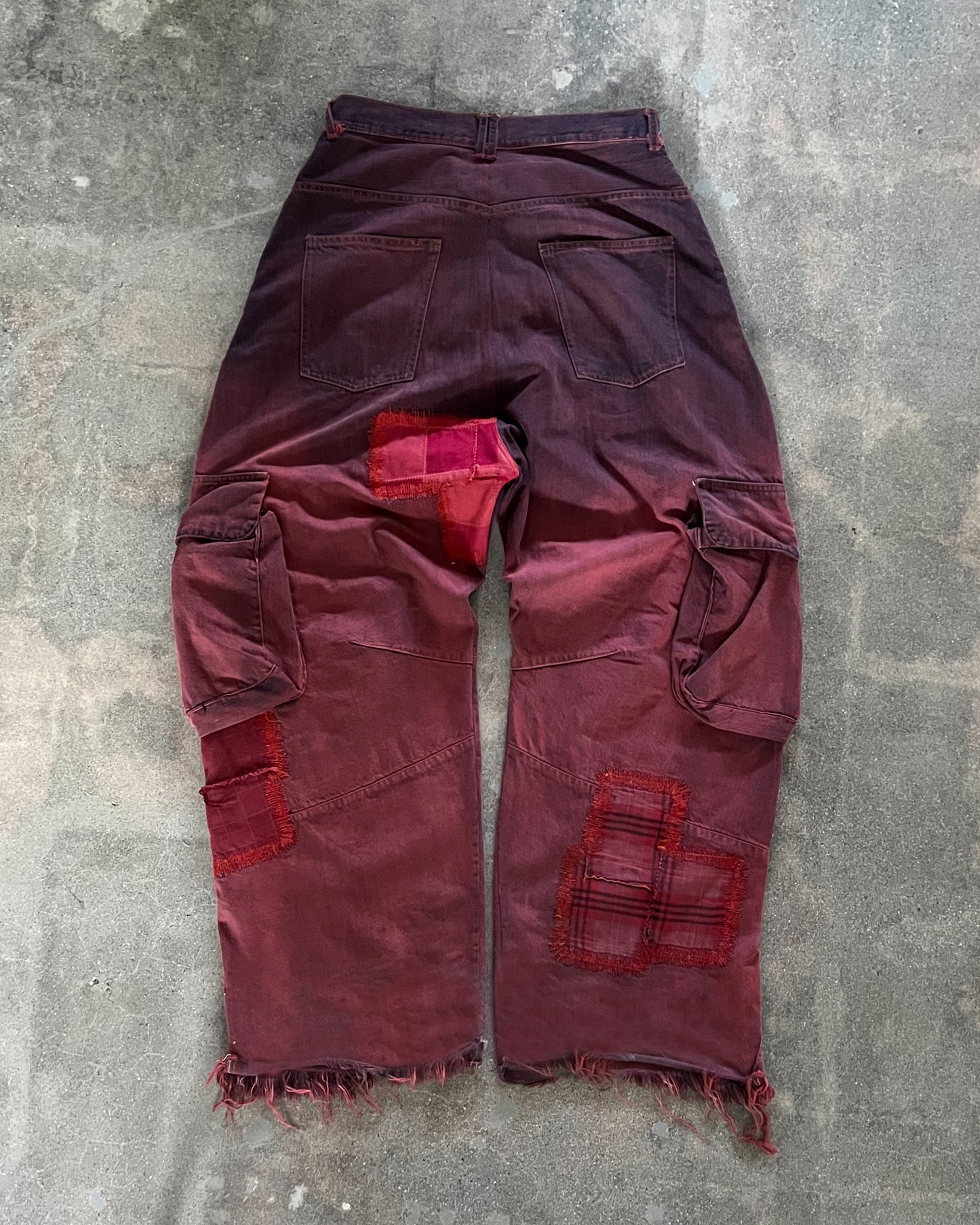 Size 32" Red Ombre Cargo Denims w/ Red Leather Patches