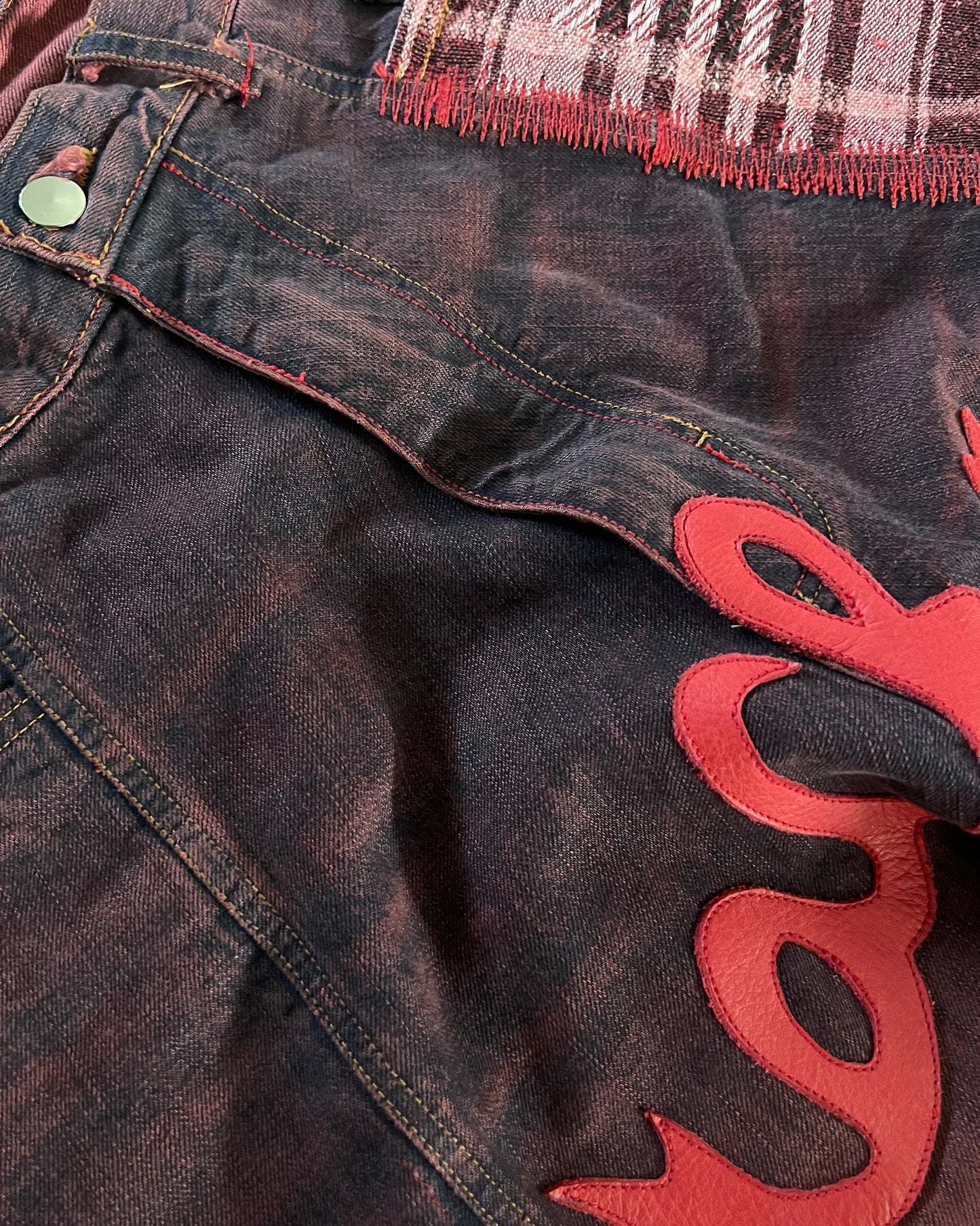 Size 32" Red Ombre Cargo Denims w/ Red Leather Patches