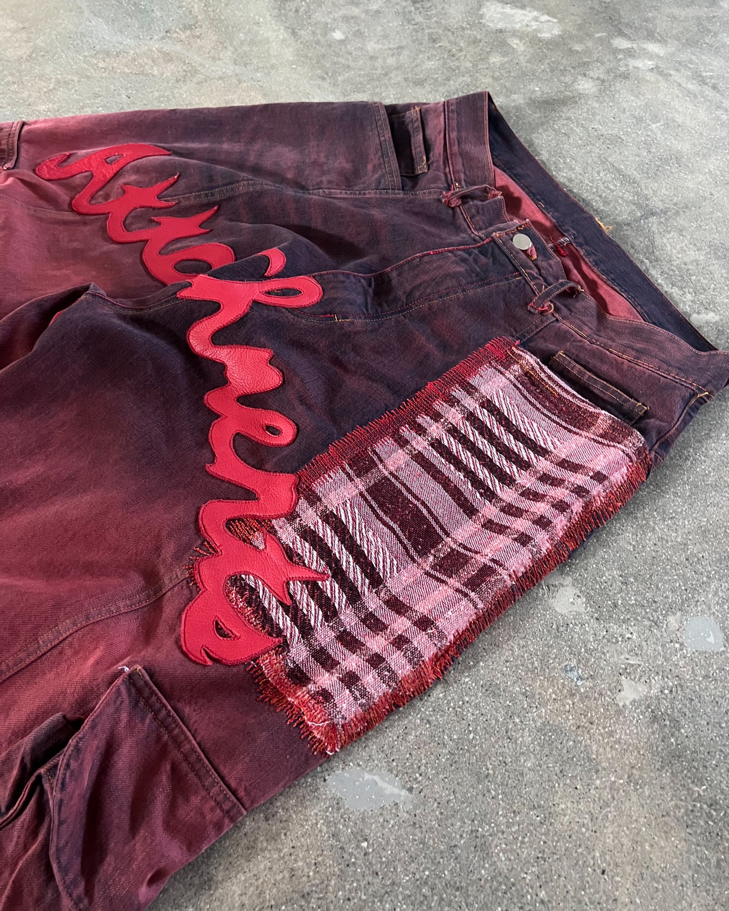 Size 32" Red Ombre Cargo Denims w/ Red Leather Patches