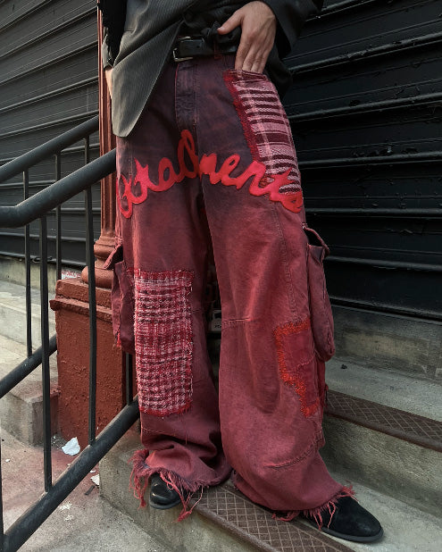 Size 32" Red Ombre Cargo Denims w/ Red Leather Patches
