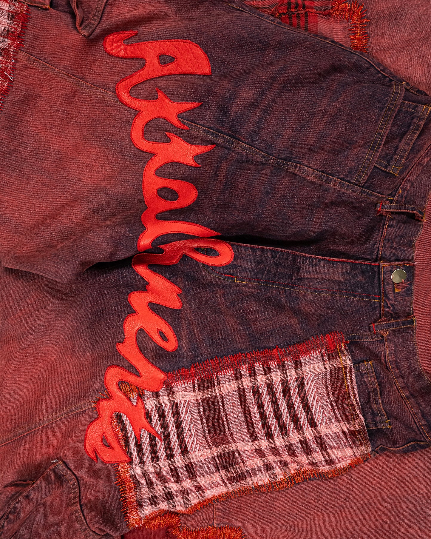 Size 32" Red Ombre Cargo Denims w/ Red Leather Patches