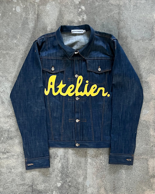 Large Blue Denim Reversible Jacket w/ Yellow Leather Patch