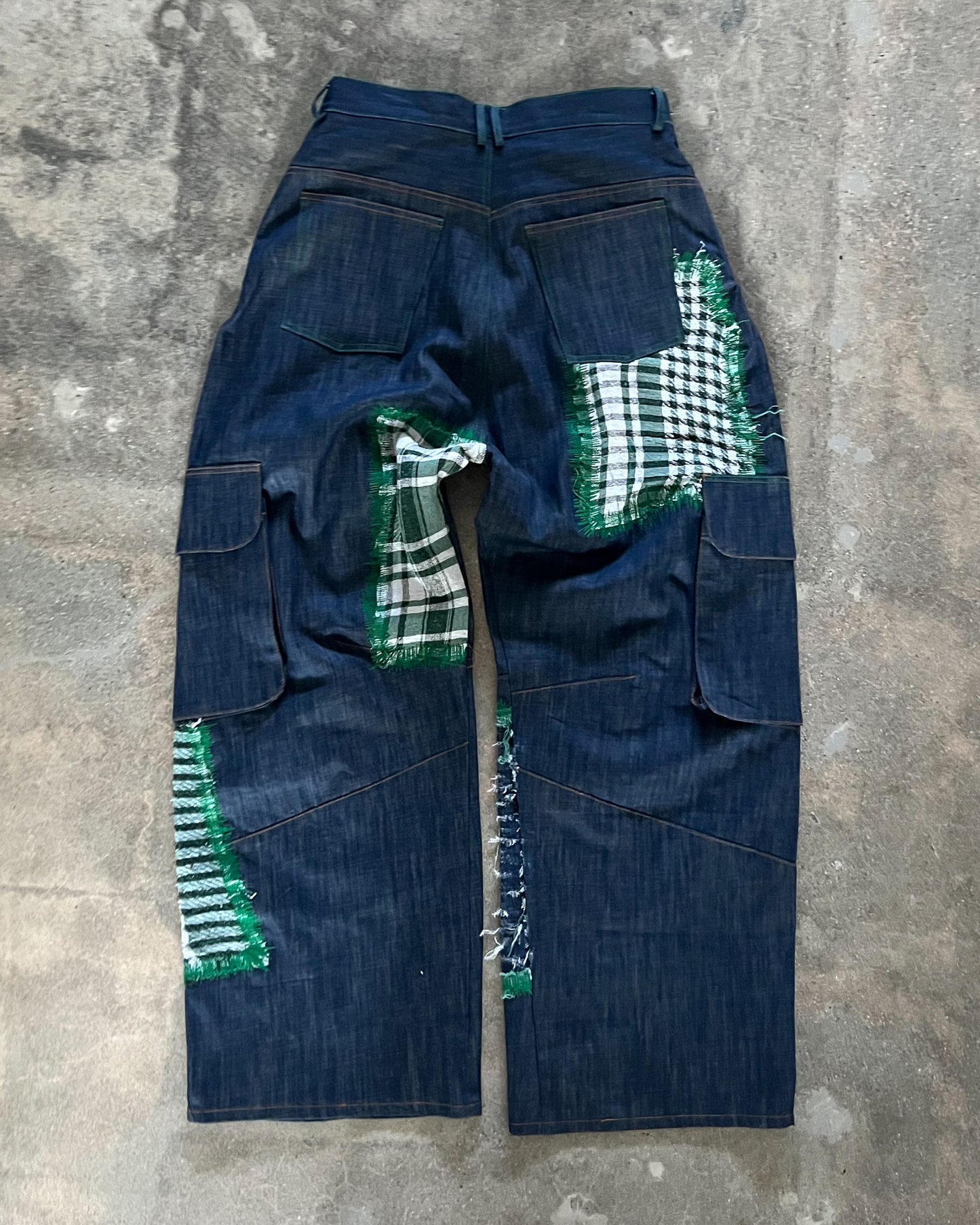 Size 34" Blue Denim Cargos W/ Green Leather