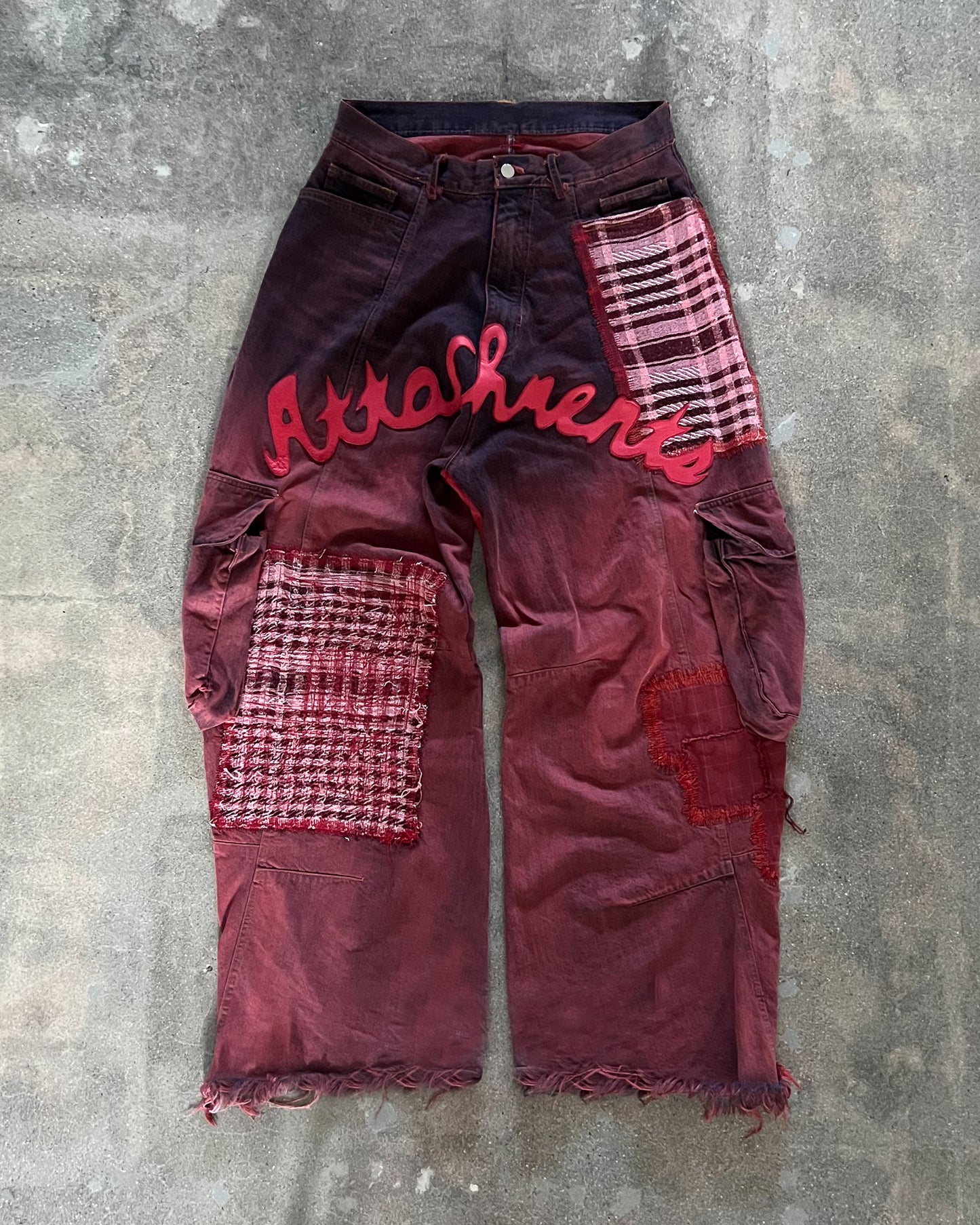 Size 32" Red Ombre Cargo Denims w/ Red Leather Patches