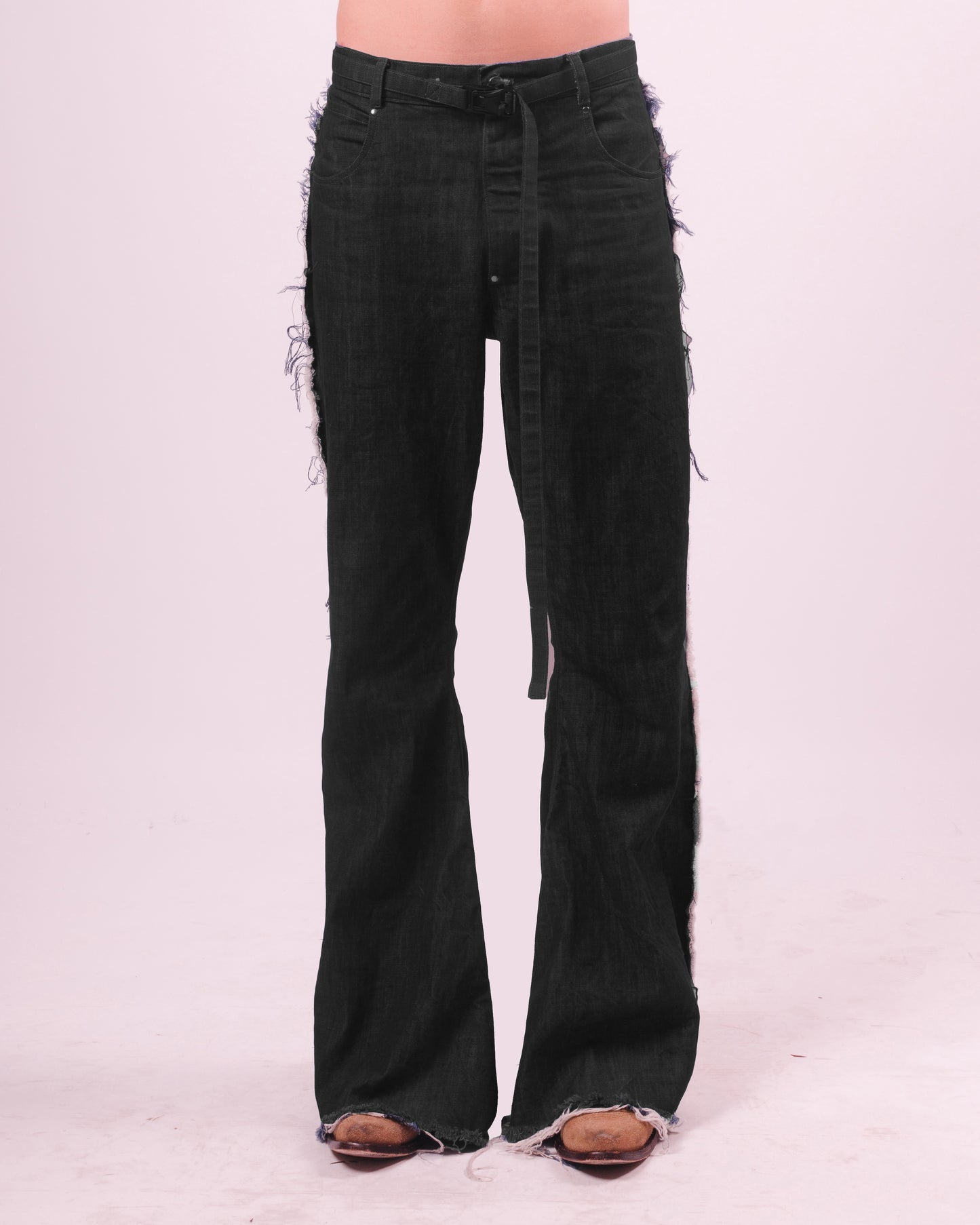 Black Denim Flared Trouser w/ Fraying Seams