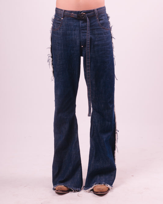 Blue Denim Flared Trouser w/ Fraying Seams