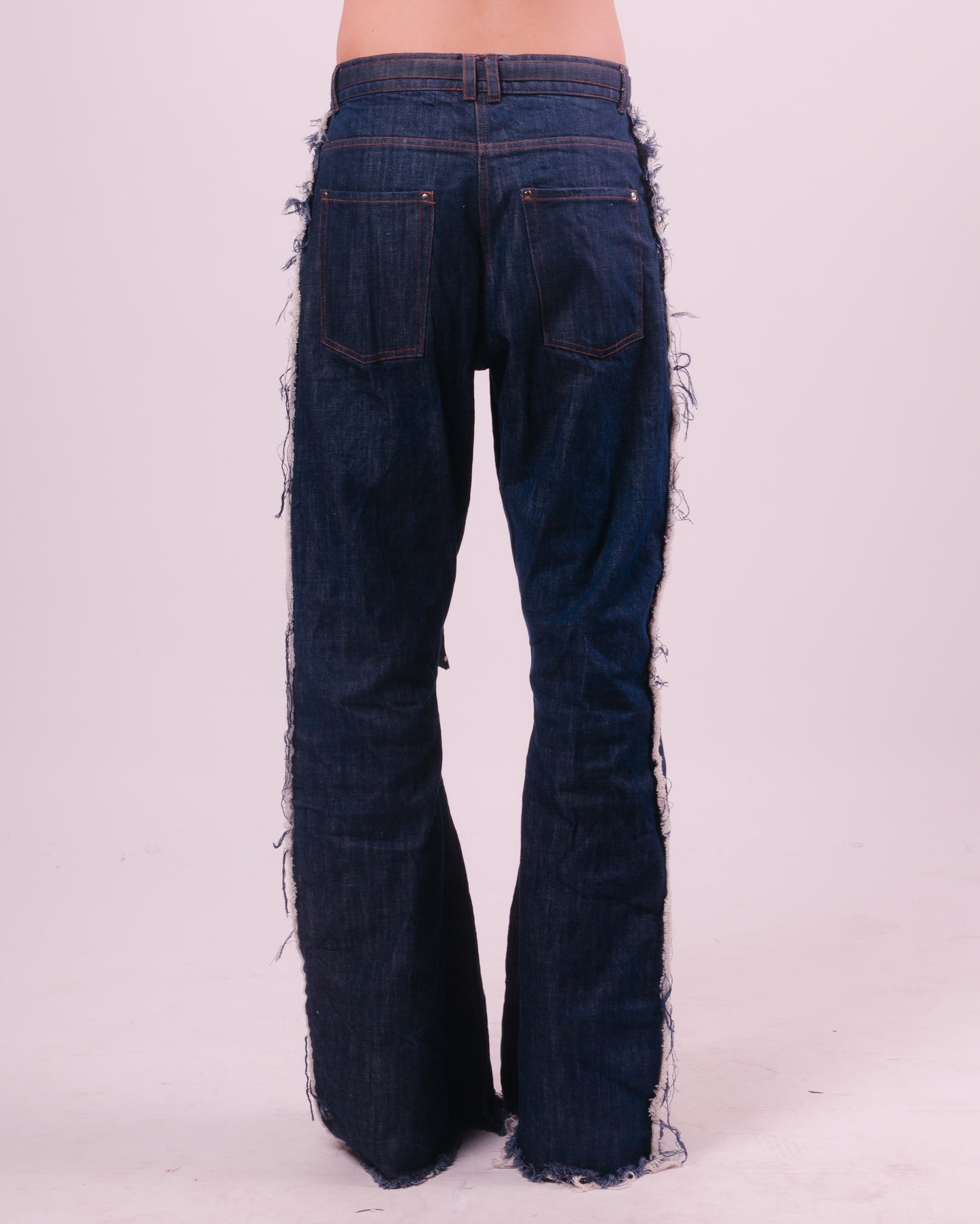 Blue Denim Flared Trouser w/ Fraying Seams