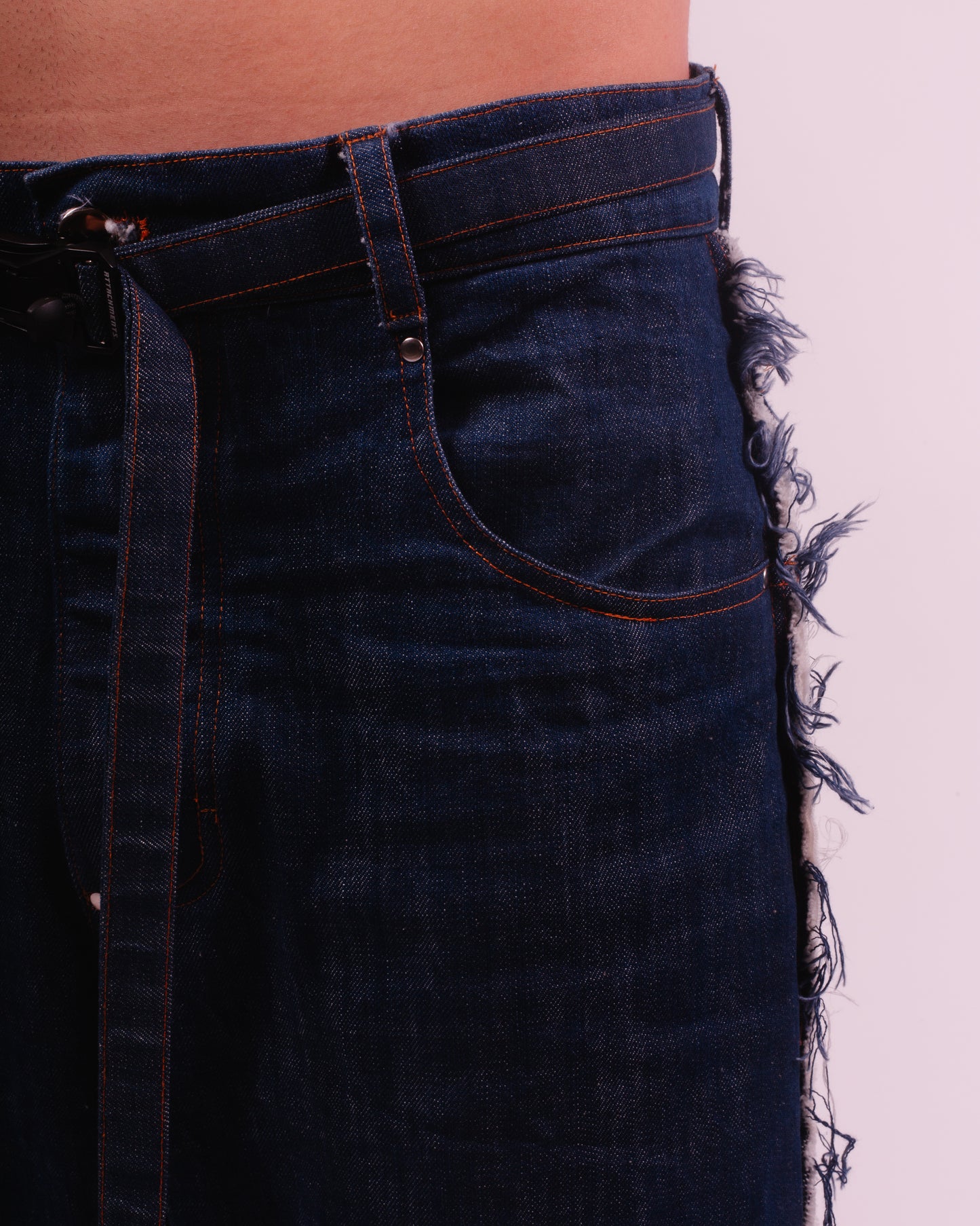 Blue Denim Flared Trouser w/ Fraying Seams