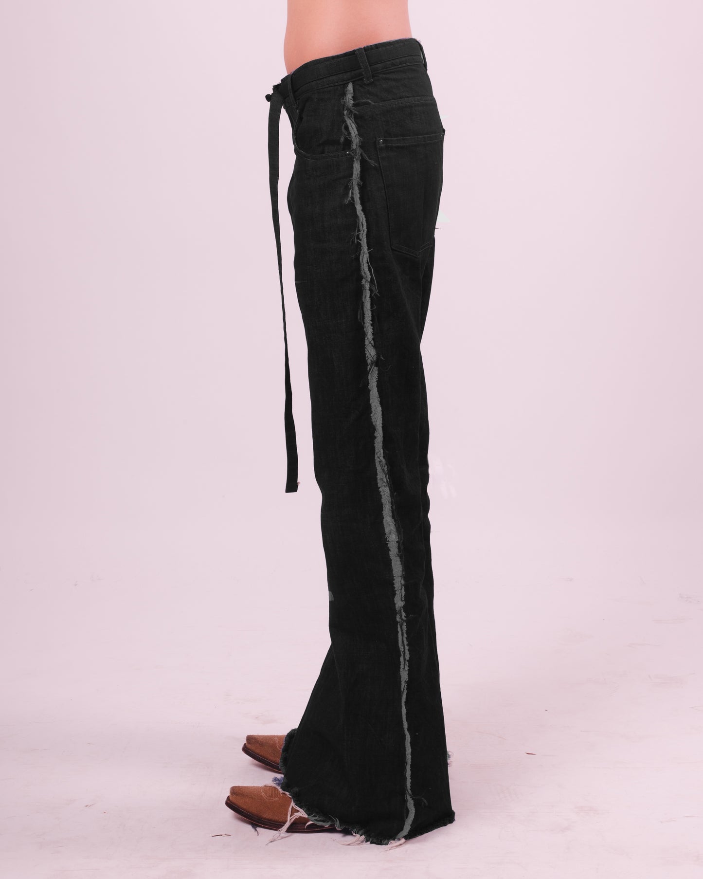 Black Denim Flared Trouser w/ Fraying Seams