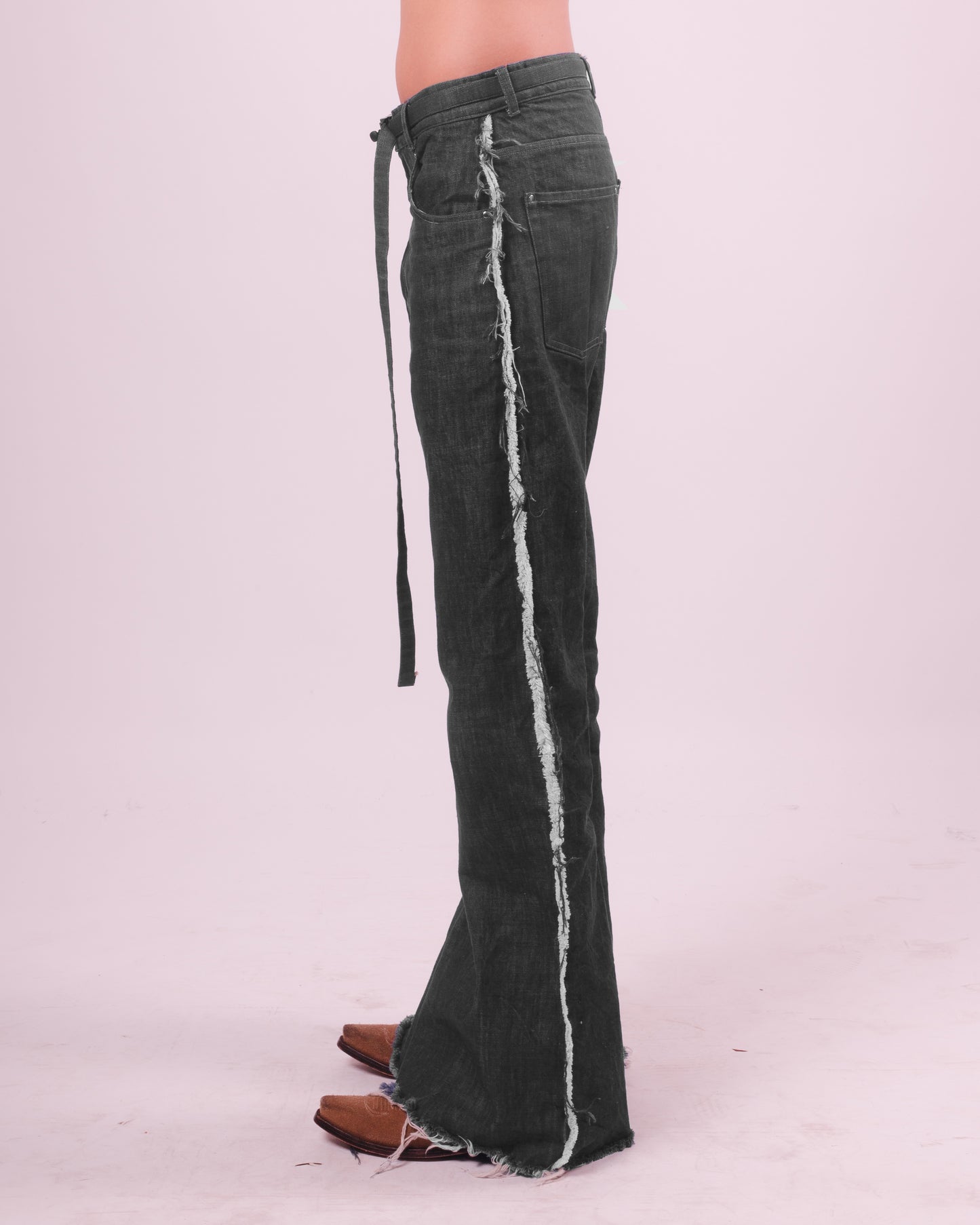 Grey Denim Flared Trouser w/ Fraying Seams