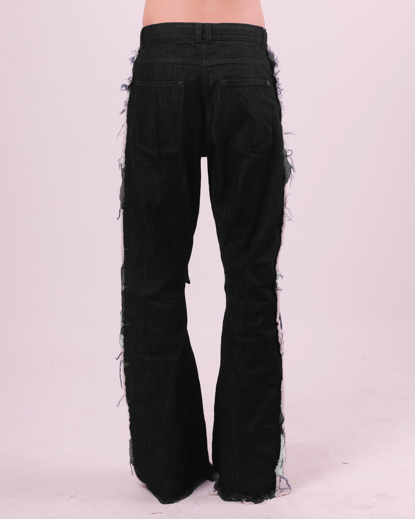 Black Denim Flared Trouser w/ Fraying Seams