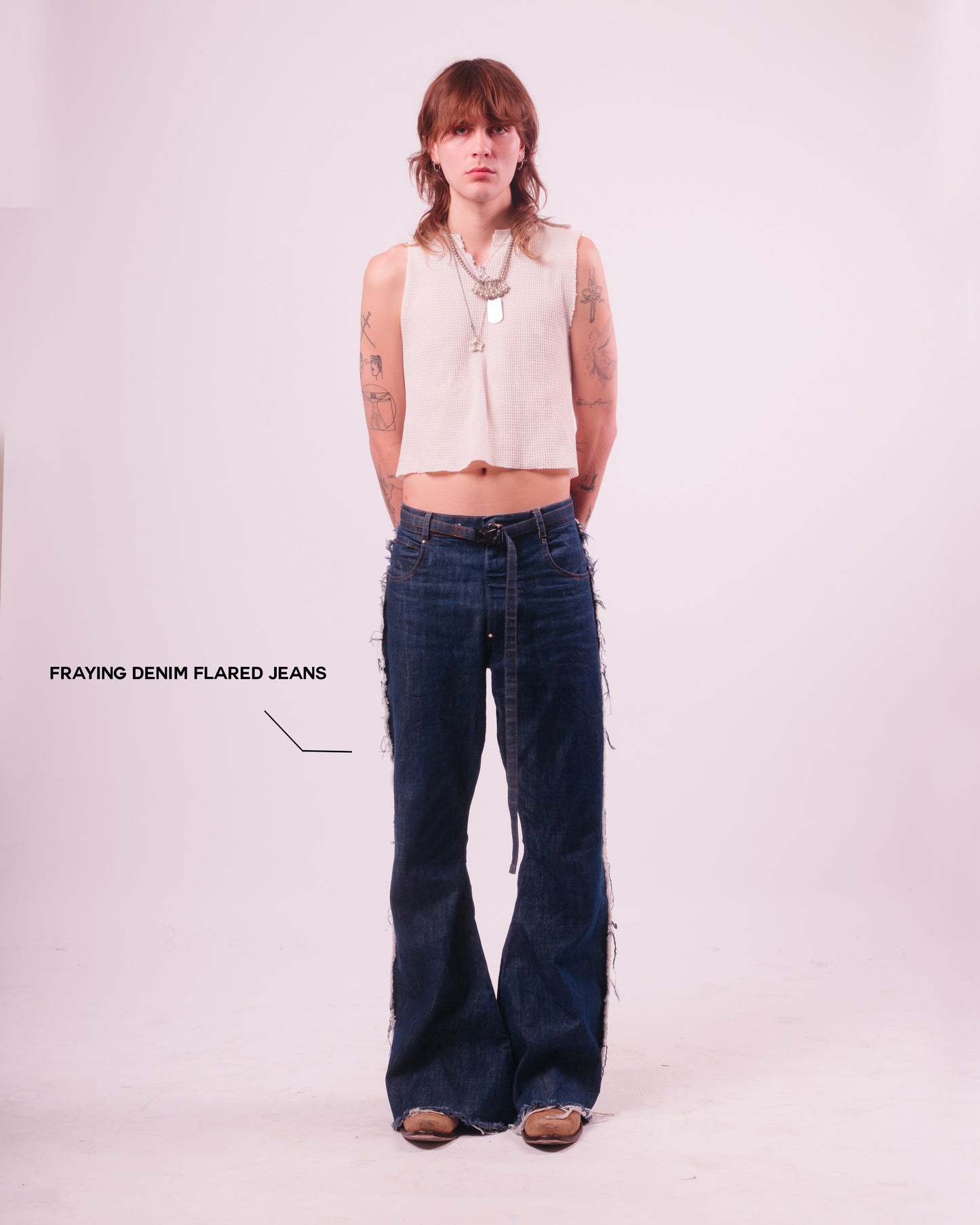 Blue Denim Flared Trouser w/ Fraying Seams