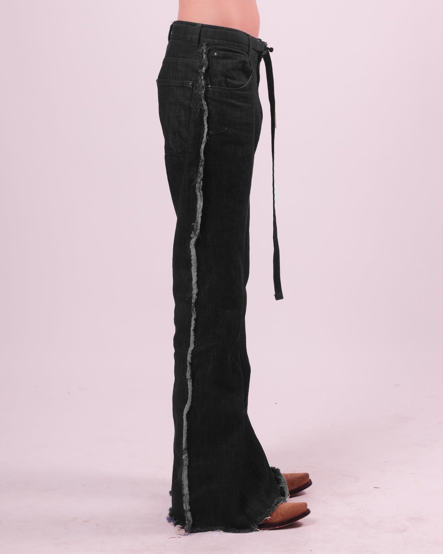 Black Denim Flared Trouser w/ Fraying Seams