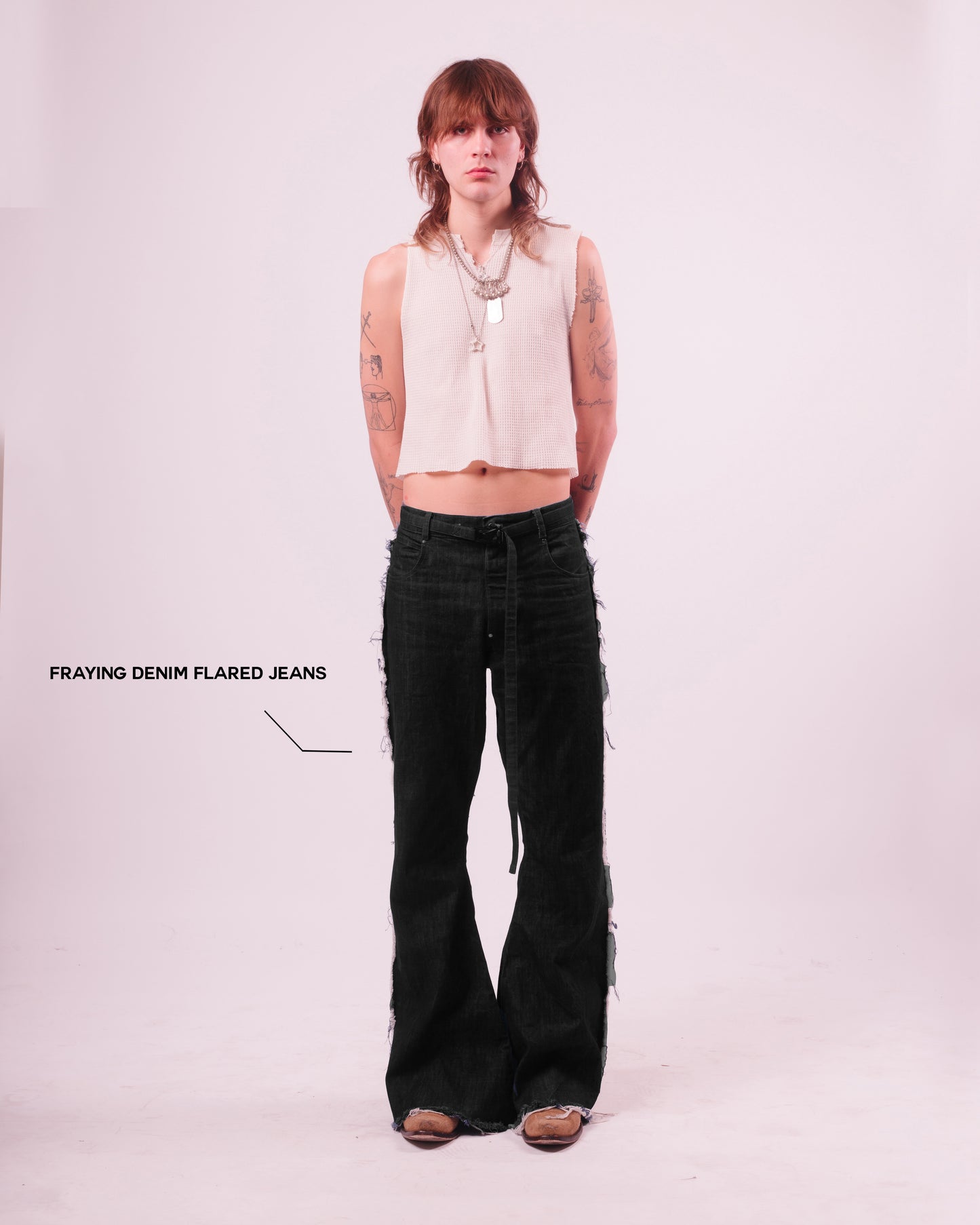 Black Denim Flared Trouser w/ Fraying Seams