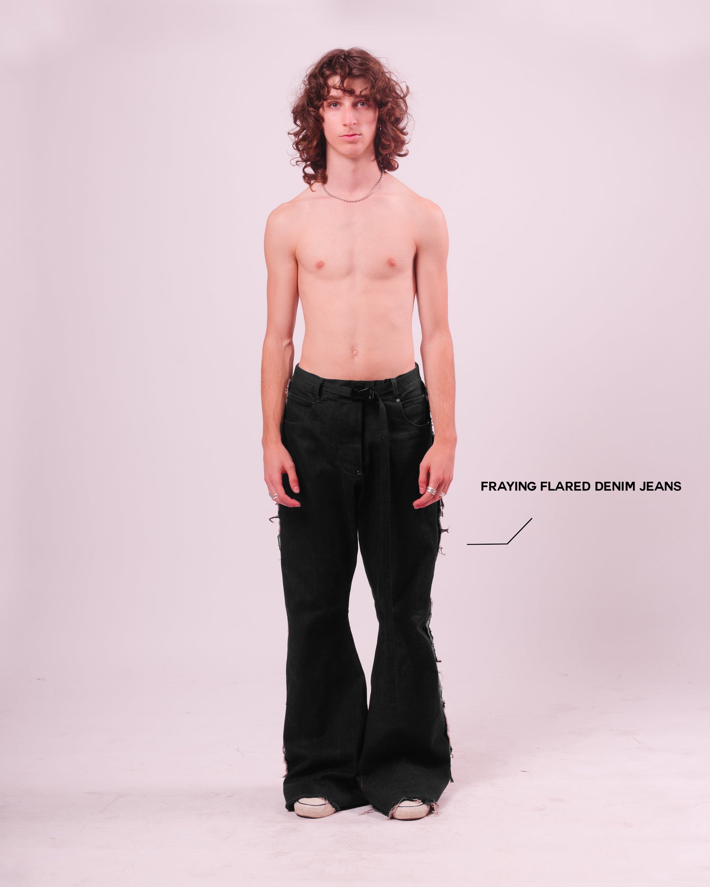 Black Denim Flared Trouser w/ Fraying Seams