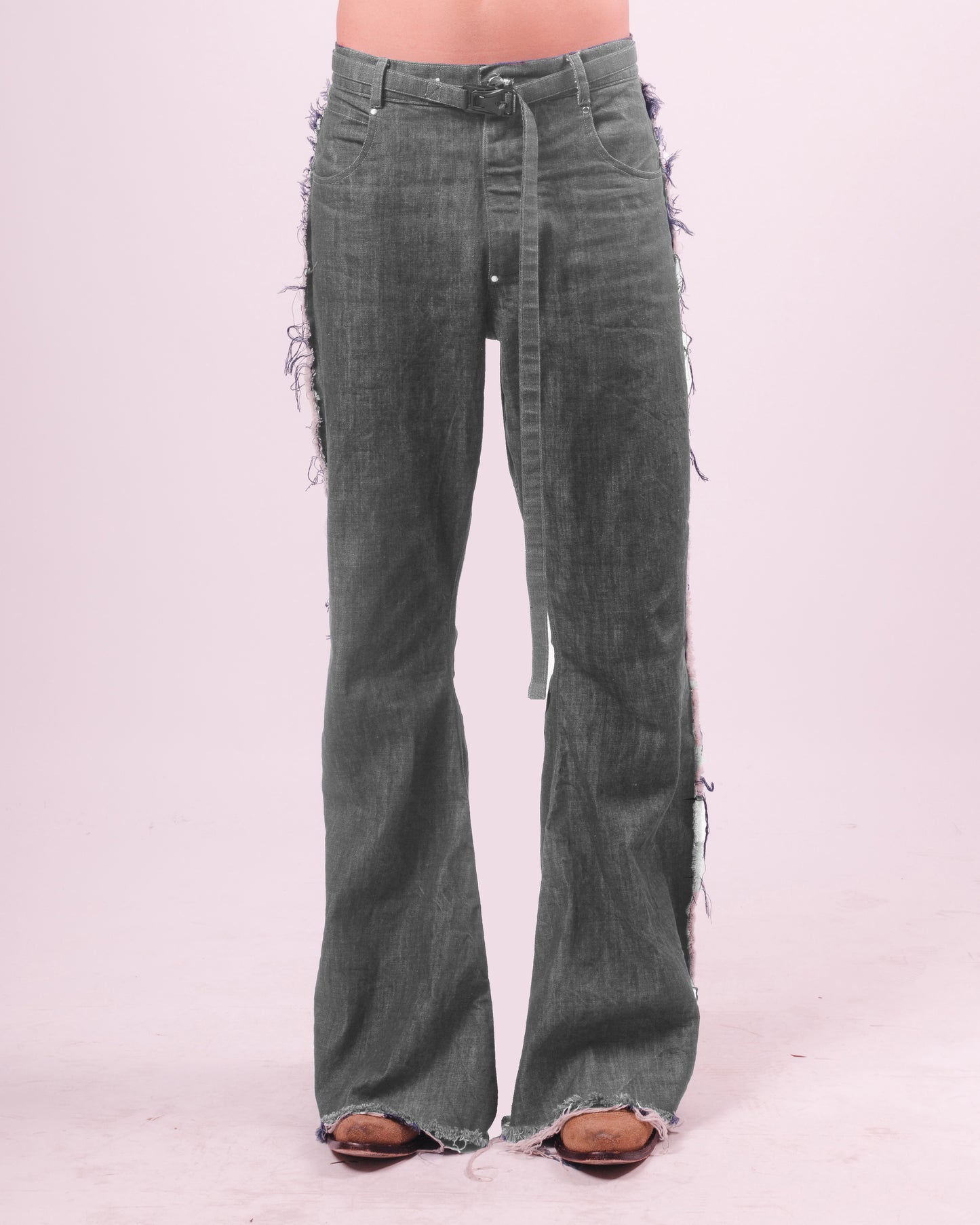 Grey Denim Flared Trouser w/ Fraying Seams