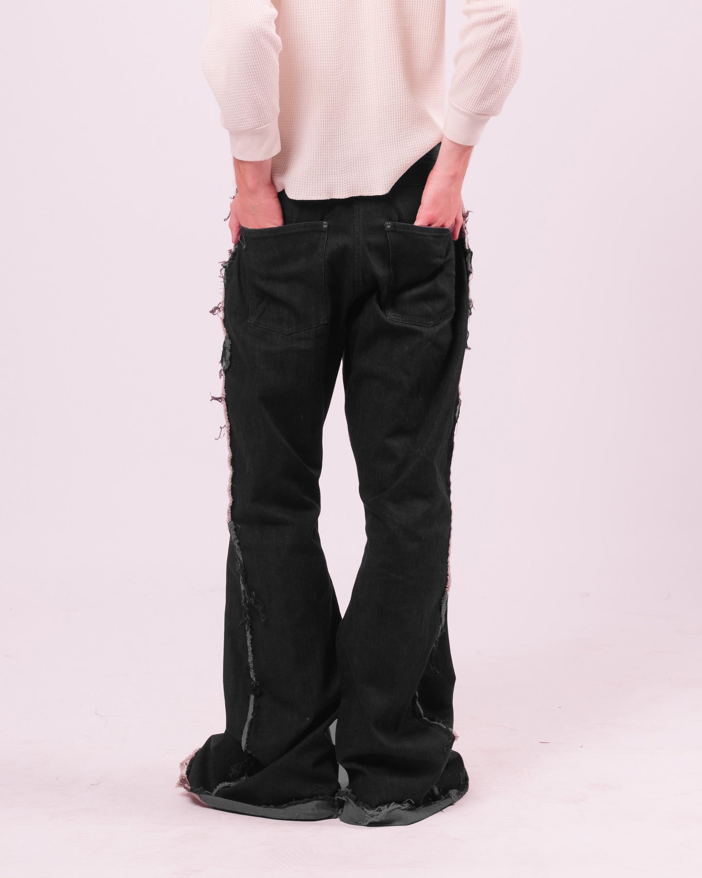 Black Denim Flared Trouser w/ Fraying Seams